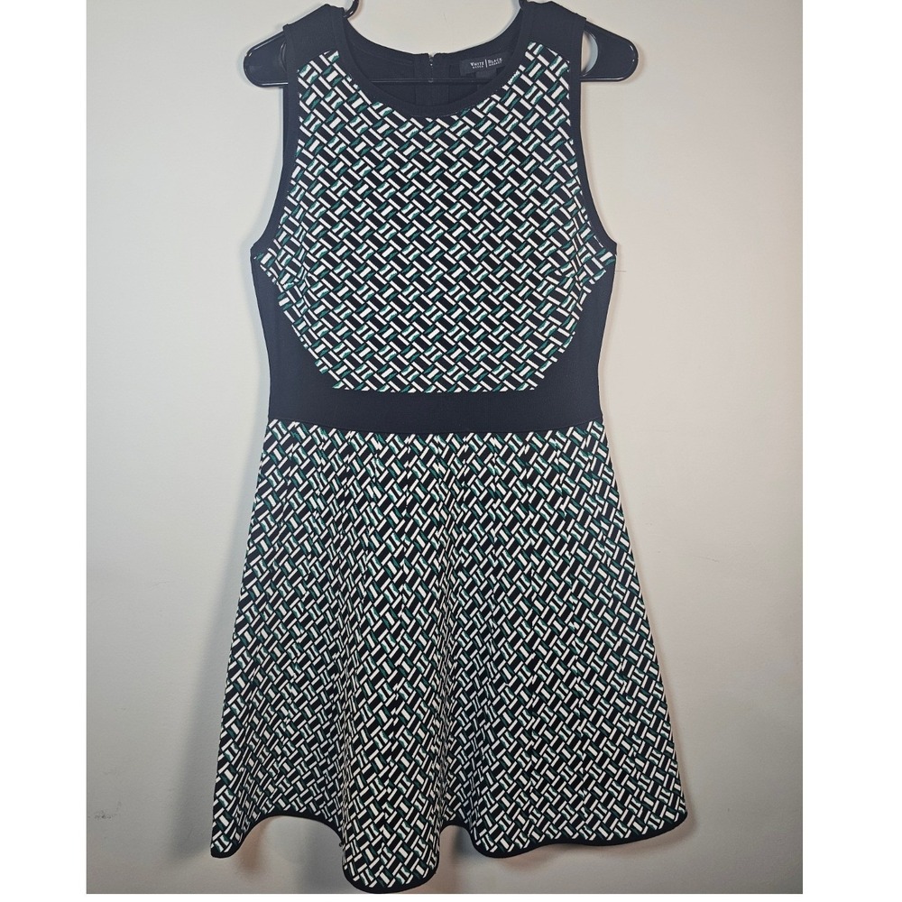 White House Black Market Geometric Knit Fit & Flare Dress Green Black White XS